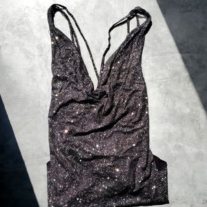NWT CHASER Glitter Strappy Cowl Neck Black Top Large